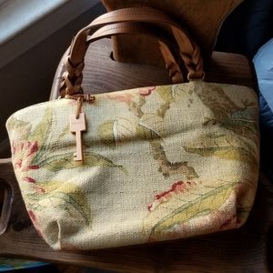 Fossil Leaf Print Fabric Leather Satchel